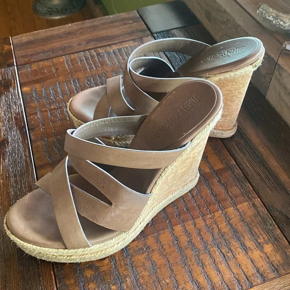 Jimmy Choo Prisma Wedge leather sandals in chocolate brown size US 7.5 (38.5)